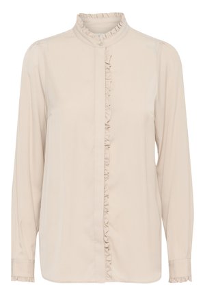 Blusa beige a maniche lunghe realizzata in tessuto morbido, con un placket e un colletto arricciati, chiusura con bottoni e maniche con polsini.