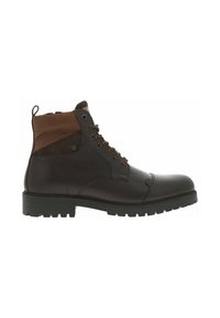Stivaletto in pelle marrone con una robusta suola nera, occhielli metallici e accenti marroni a contrasto sul colletto e sul tallone. Fianchi testurizzati.