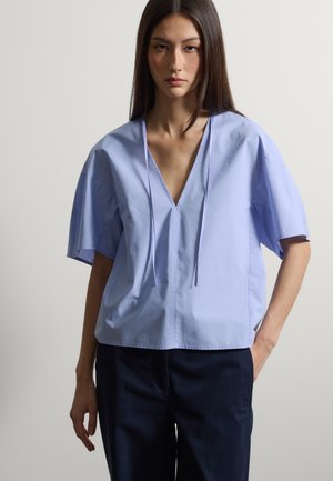 Mujer con cabello largo y oscuro, que lleva una blusa azul claro de cuello en V y mangas cortas y anchas, y pantalones oscuros, de pie frente a un fondo liso.