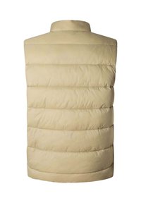 Gilet imbottito beige con colletto alto, design trapuntato e cuciture orizzontali. Texture morbida, senza maniche, con taglio dritto e finitura pulita.