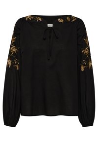 Blouse noire avec de longues manches bouffantes, un col rond avec un nœud, et un délicat broderie florale dorée et verte sur les épaules.