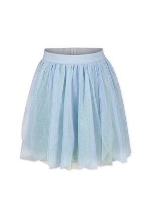 Jasnoniebieska spódnica z tiulu z warstwowymi, przezroczystymi tkaninami, z elastycznym paskiem w talii. Materiał ma miękką, płynącą teksturę i delikatny połysk.