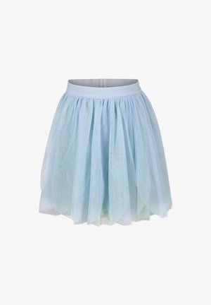 Lichtblauwe tule rok met gelaagde doorzichtige stof, voorzien van een elastische tailleband. Het materiaal heeft een zachte, vloeiende textuur en een delicate glans.