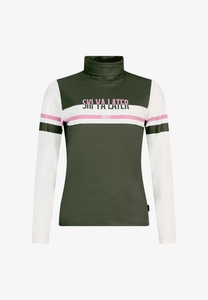 Chandail à col roulé à manches longues en vert foncé, blanc et rose. Comprend des rayures horizontales et un graphique "SKI YA LATER" en texte gras. Texture lisse.