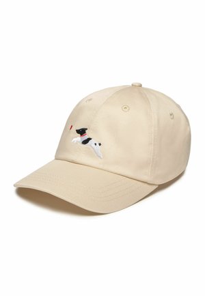 Beige baseball cap with embroidered black and white dog wearing a red collar, leaping toward a small red ball on the front panel.
