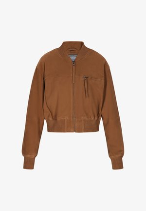 Rjav usnjen bombarderski jopič z rebrastim ovratnikom in manšetami. Ima sprednji zadrgo in žep na prsih z zadrgo. Oprijet kroj.