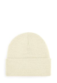 Cream-colored knitted beanie with a folded cuff, shown flat on a white background.