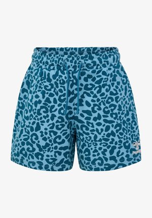 Blå shorts med mørkeblå leopardpletter, elastisk taljebånd med snøre og lille logo på højre nederste ben.