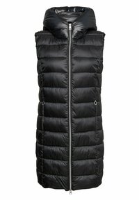 Mustat pehmustetut liivit, joissa on korkea kaulus, tikkikuviointi, etuvetoketjukiinnitys ja sivutaskut. Hihaton muotoilu lämpöä ja mukavuutta varten.