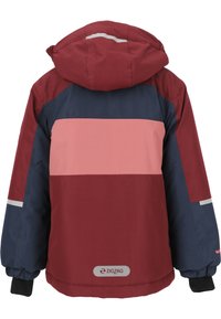 Vino, marinblå och rosa vattentät jacka med huva, med reflexstripes, elastiska ärmslut och en logotyget på fållen.