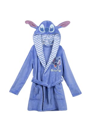 Accappatoio blu per bambini con cappuccio con grandi occhi e orecchie, fodera a righe, tasche frontali, cintura e design del personaggio Stitch sul petto.