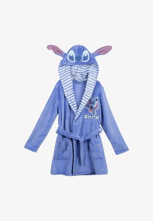 Accappatoio blu per bambini con cappuccio con grandi occhi e orecchie, fodera a righe, tasche frontali, cintura e design del personaggio Stitch sul petto.