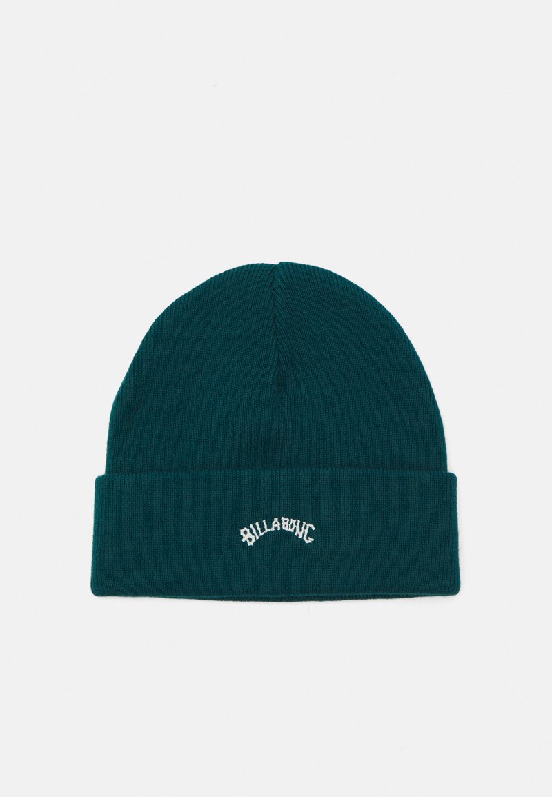 Teal knit beanie with a fold and white embroidered "BILLABONG" logo centered on the cuff. Smooth texture and round crown shape.