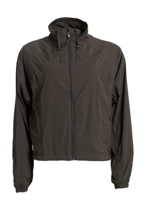 Leichte schwarze Jacke mit hohem Kragen, durchgehendem Reißverschluss, Netzfutter und elastischen Bündchen. Sie bietet sportliche Nähte und eine Kordelzugverstellung.