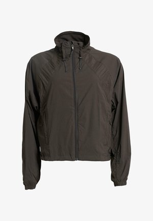 Leichte schwarze Jacke mit hohem Kragen, durchgehendem Reißverschluss, Netzfutter und elastischen Bündchen. Sie bietet sportliche Nähte und eine Kordelzugverstellung.