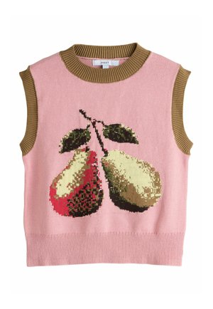 Ujjatlan rózsaszín kötött mellény barna bordázott szegéllyel, elöl két körte zöld levelekkel pixelált mintával.
