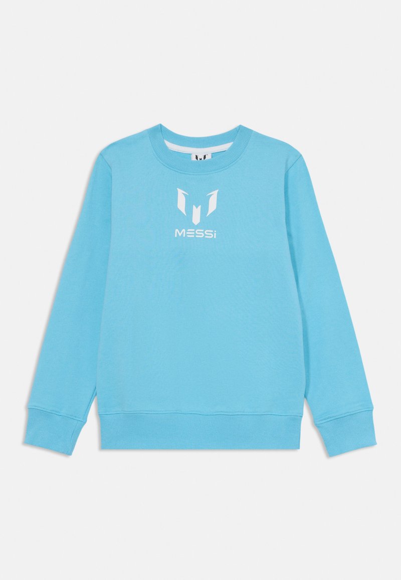 Sweatshirt azul claro feito de algodão, com decote redondo e mangas longas. Logótipo branco com letras estilizadas 'M' e 'MESSi' na frente.