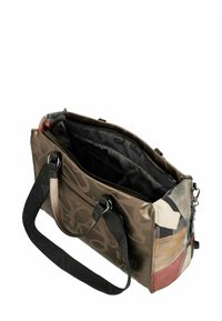 Mehrfachfach-Tasche in dunklem Oliv mit abstrakten Mustern. Verfügt über einen Reißverschluss, zwei Griffe und ein weiches Innenfutter.