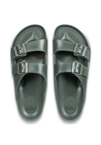 Sandales en plastique vertes avec deux sangles réglables dotées de boucles en métal, une semelle intérieure ergonomique et un logo discret embossé sur la semelle.