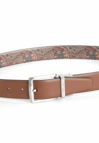 Brauner Ledergürtel mit einem gemusterten Futter und silberner Metallschnalle. Das Design zeichnet sich durch filigrane Details in warmen Farben aus.