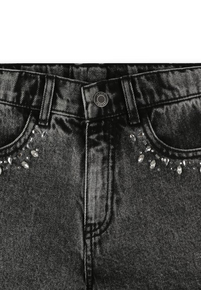 Jeans in denim nero con un design aderente, una chiusura con bottone lucido e strass decorativi lungo le tasche frontali per un tocco di dettagli.