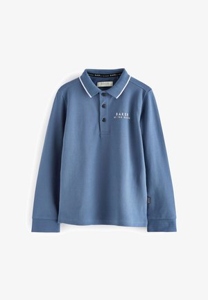 Blauwe polo met lange mouwen, gemaakt van gestructureerde stof. Voorzien van een sluiting met drie knopen, witte kraagtrim en geborduurd logo aan de voorkant.