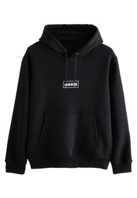 Zwarte hoodie van katoen, met een kangeroezak aan de voorkant, een capuchon met trekkoord en een wit logo in een rechthoekig kader op de borst.