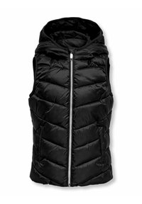 Schwarz gepolsterte Weste mit Kapuze, ausgestattet mit einem Frontreißverschluss, zwei Seitentaschen und einem Chevron-Steppdesign zur Isolierung.