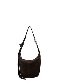 Borsa a tracolla in suede marrone con forma curva, tracolla in pelle regolabile e chiusura con cerniera. Presenta cuciture discrete e una texture morbida.