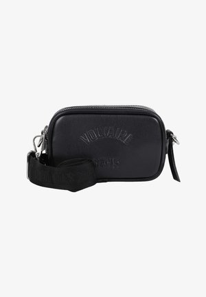 Bolso bandolera rectangular negro con texto en relieve "VOLTAIRE PARIS" y correa de tela ancha ajustable con cierres metálicos.