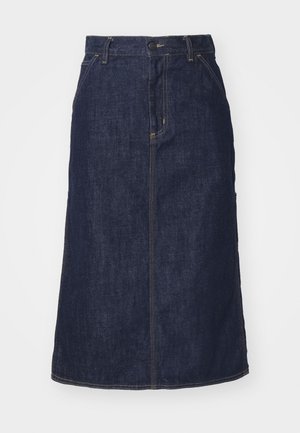 Tmavé džínsové sukne s vysokým pásom, rovný strih, predné vrecká a prešitými švami. Obsahuje zips a gombík na uzatvorenie v páse.