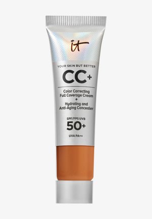 Tube argenté de crème IT Cosmetics CC+ avec SPF 50+, étiquetée comme crème correctrice de couleur à couverture complète et anti-cernes anti-âge.