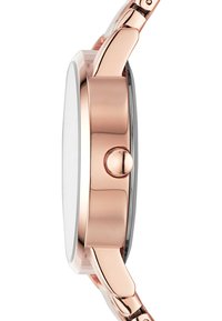 Orologio rotondo in argento con cassa in oro rosa lucido, quadrante bianco e una corona laterale. Bracciale in metallo liscio con maglie integrate e design elegante.