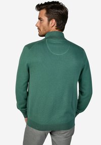 Pullover in Dunkelgrün mit hohem Kragen, gerippten Bündchen und Saum. Die Textur wirkt glatt mit einer figurbetonten Passform und detaillierten Schulternähten.