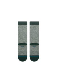 Pair of socks in speckled gray with dark green accents, featuring a ribbed cuff and turquoise detailing near the base. Soft textile material.