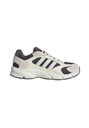Scarpa da corsa con sovrapposizioni in camoscio beige, pannelli in mesh neri, intersuola bianca e tre strisce bianche sul lato.
