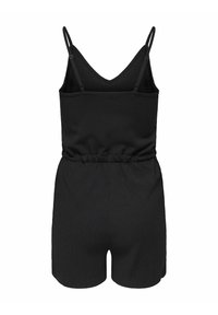 Combinaison noire sans manches avec bretelles spaghetti réglables, taille élastique et bas style short, vue de dos sur fond blanc.