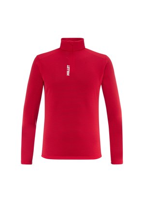 Pullover rouge à manches longues en tissu texturé, avec un col haut et une demi-fermeture éclair. Comprend un logo blanc sur la poitrine.