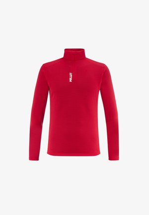 Red long-sleeve pullover made of textured fabric, featuring a high collar and a half zipper. Includes a white logo on the chest.