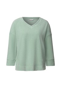 Muntgroene pullover met een V-hals, driekwartmouwen, gestructureerde stof en een relaxte pasvorm. Etiket zichtbaar bij de hals.