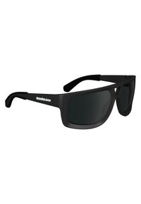 Black sunglasses with a sleek, rectangular frame and dark lenses. The arms feature a logo detail and a textured grip for comfort.