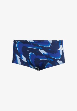 Blauwe en marineblauwe zwembroek met een abstract patroon in tinten blauw en wit. Gemaakt van rekbare, snel drogende stof.