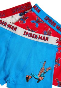 Blue and red Spider-Man themed boxer briefs feature a blue base with a Spider-Man graphic and red waistband with repeated Spider-Man motif.