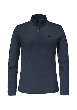 Langärmliges Oberteil in Dunkelblau, aus glattem, dehnbarem Material mit einem halben Reißverschluss am Kragen und einem kleinen Logo auf der Brust.
