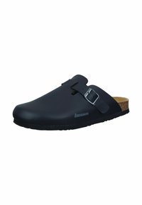 Black clogs made of synthetic material with a smooth texture, featuring a metal buckle and cork footbed for comfort. Rounded toe design.