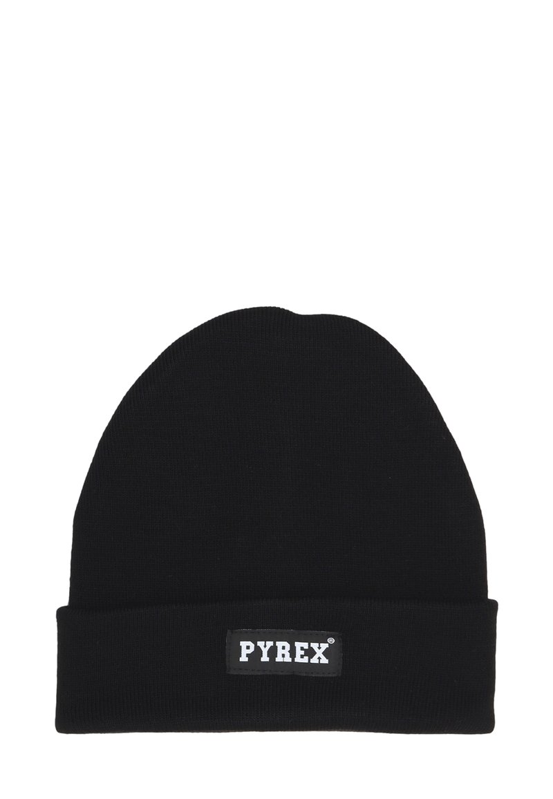 Berretto in maglia nera con risvolto e un'etichetta rettangolare con il logo "PYREX" in testo bianco su sfondo nero.