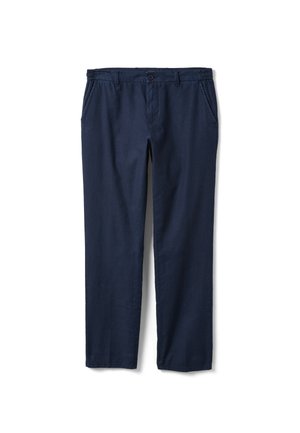 Donkerblauwe rechte broek met elastische tailleband, knoopsluiting, riemlussen en zijzakken op een witte achtergrond.