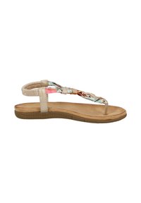 Sandalo piatto beige con cinturini intrecciati multicolori. Suola in gomma testurizzata, design aperto sulla punta e una fascetta posteriore per il supporto.