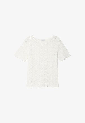 Haut blanc en tricot à manches courtes avec un motif texturé et un décolleté large. Tissu léger avec une coupe décontractée et un ourlet fini.