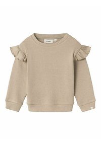 Felpa beige a coste con dettagli arricciati sulle spalle. Presenta un colletto rotondo e maniche lunghe. Tessuto testurizzato con polsini e orlo.